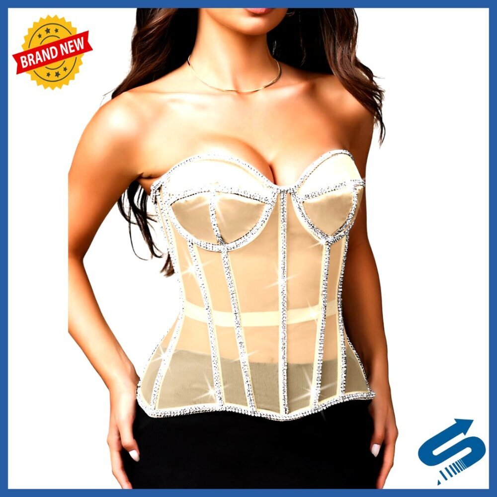 Strapless Sheer Mesh Corset with Rhinestones, Size 8-10, Hand Wash Only